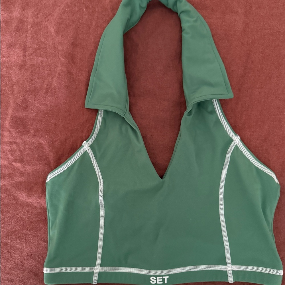 SET Active Green and White Halter Crop Top with Matching Skirt - Picture 2 of 6